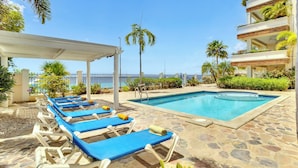 A poolside area with lounge chairs and a pool, surrounded by palm trees and a building with balconies.