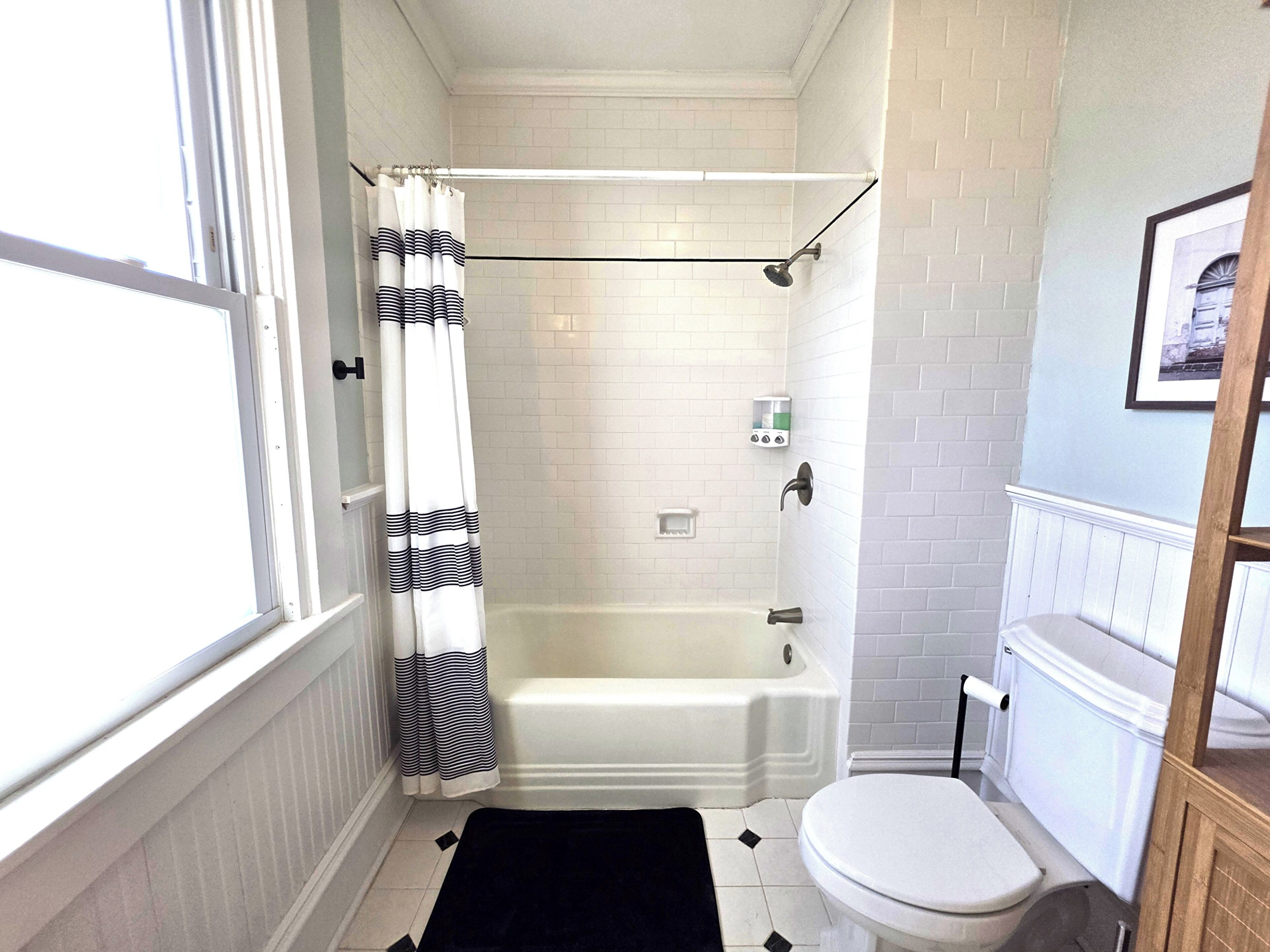 Hair dryer, towels, soap, shampoo