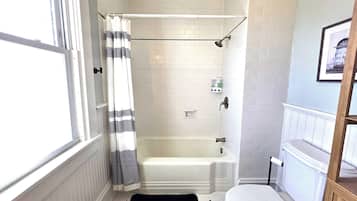 Hair dryer, towels, soap, shampoo
