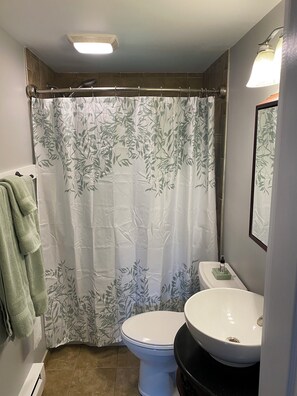 Kylpyhuone, jossa on wc, pesuallas ja suihkuverho.