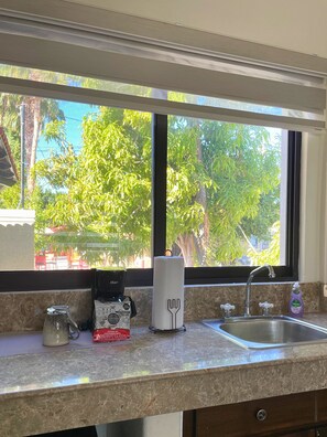 A kitchen with a window, a coffee maker, a paper towel holder, a sink, and a bottle of dish soap.