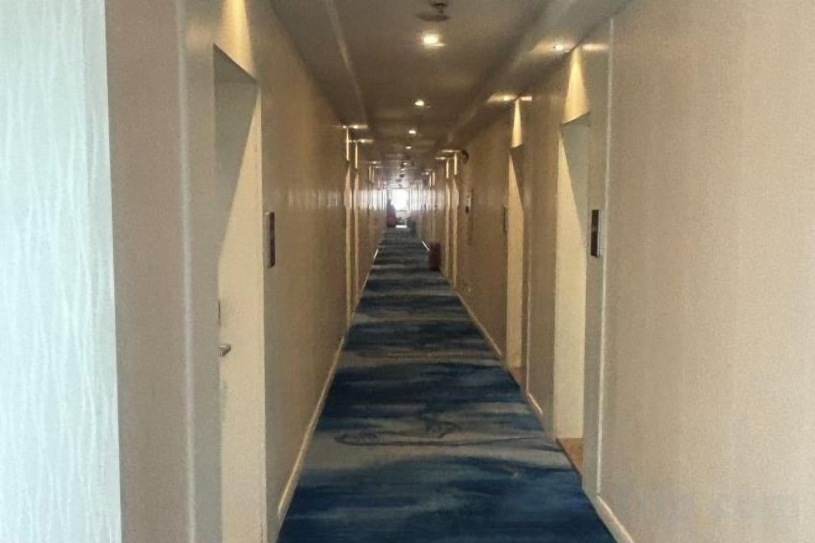 A hotel hallway with carpeted floors and doors on both sides.