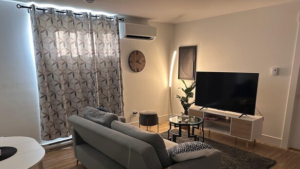 Ett modernt vardagsrum med en grå soffa, en platt-TV, ett runt soffbord och en prydnadsväxt.