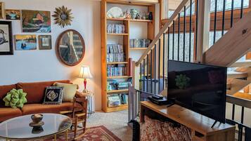 Smart TV, fireplace, DVD player, books
