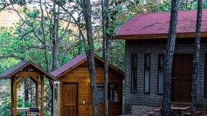 A rustic cabin with a stone foundation and a red roof, surrounded by tall trees. - Roca Venados (Mascota)