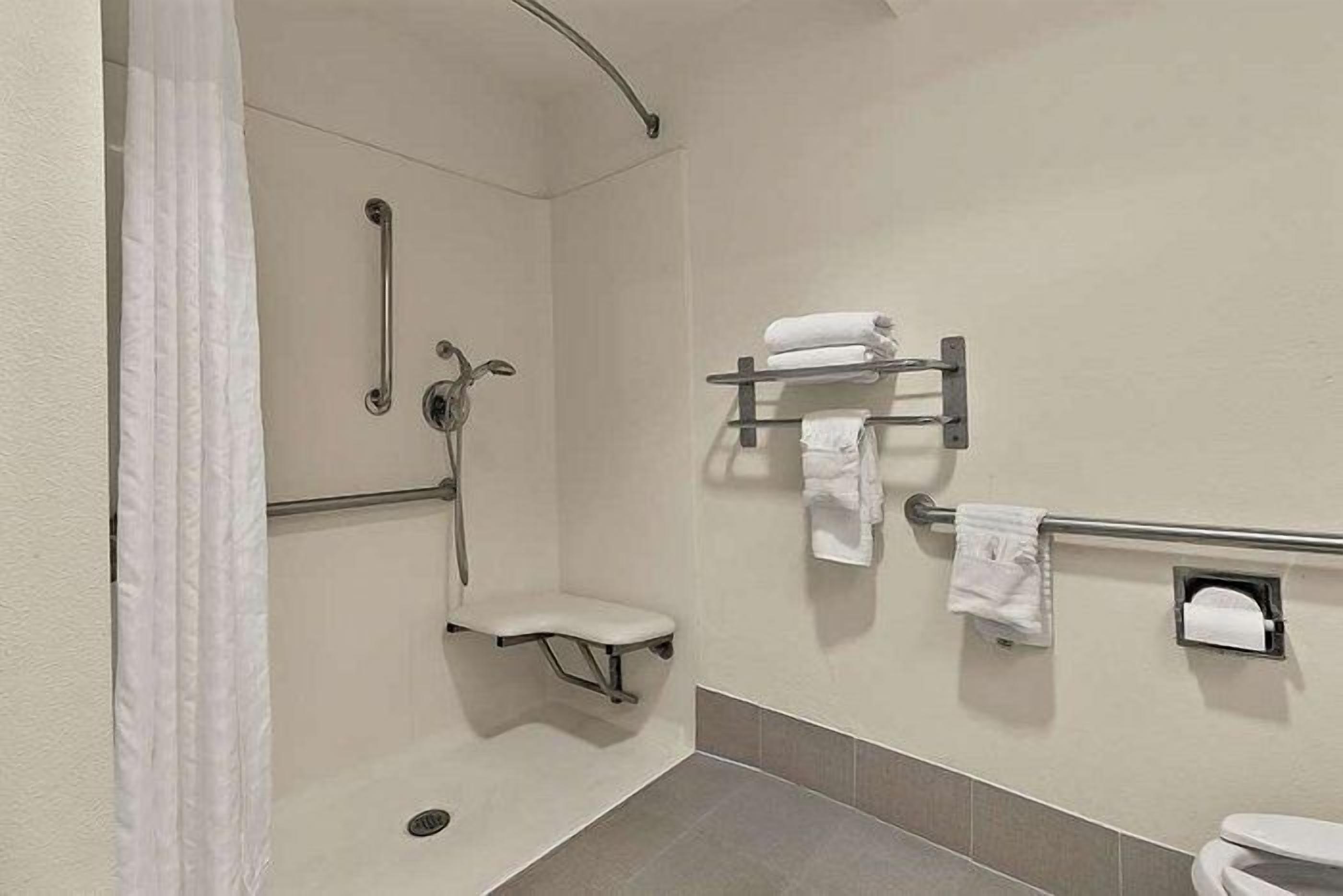 Un baño con ducha, barras de apoyo, inodoro y un perchero para toallas.