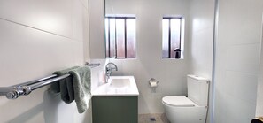Shower, hair dryer, towels, soap