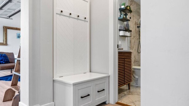 Hair dryer, towels, soap, toilet paper