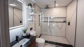 A modern bathroom with a glass-enclosed shower, a white toilet, a black sink, and a large mirror.