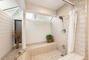 Hair dryer, towels, soap, shampoo