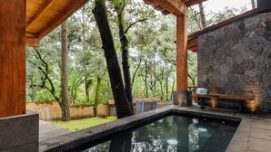 A swimming pool with a stone wall and wooden pergola, surrounded by trees. - Forest Guesthouse Avándaro, entertainment and comfort for adults and children (Valle de Bravo)