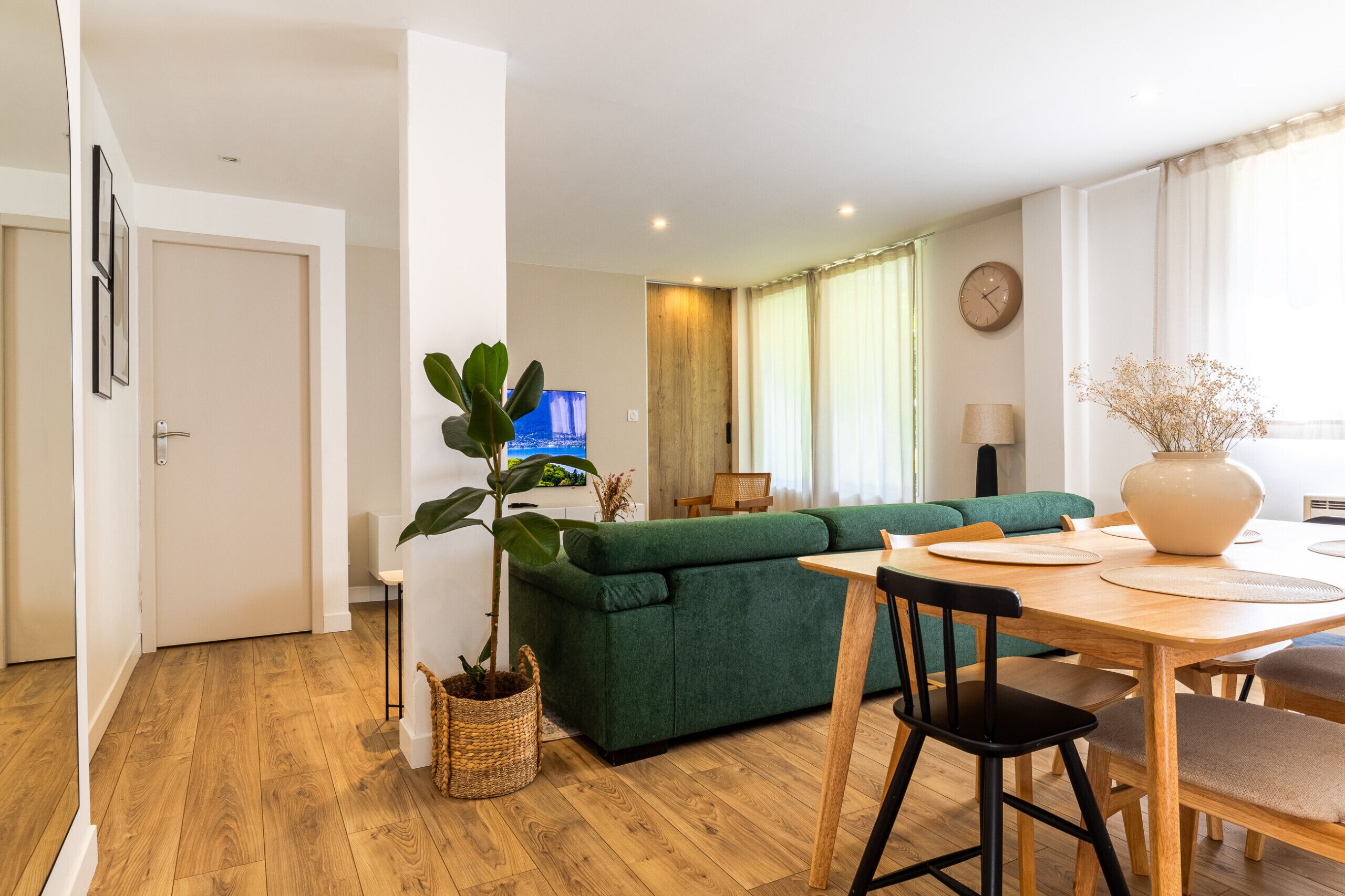 Un salon moderne avec un canapé vert, une table à manger en bois et une grande plante.