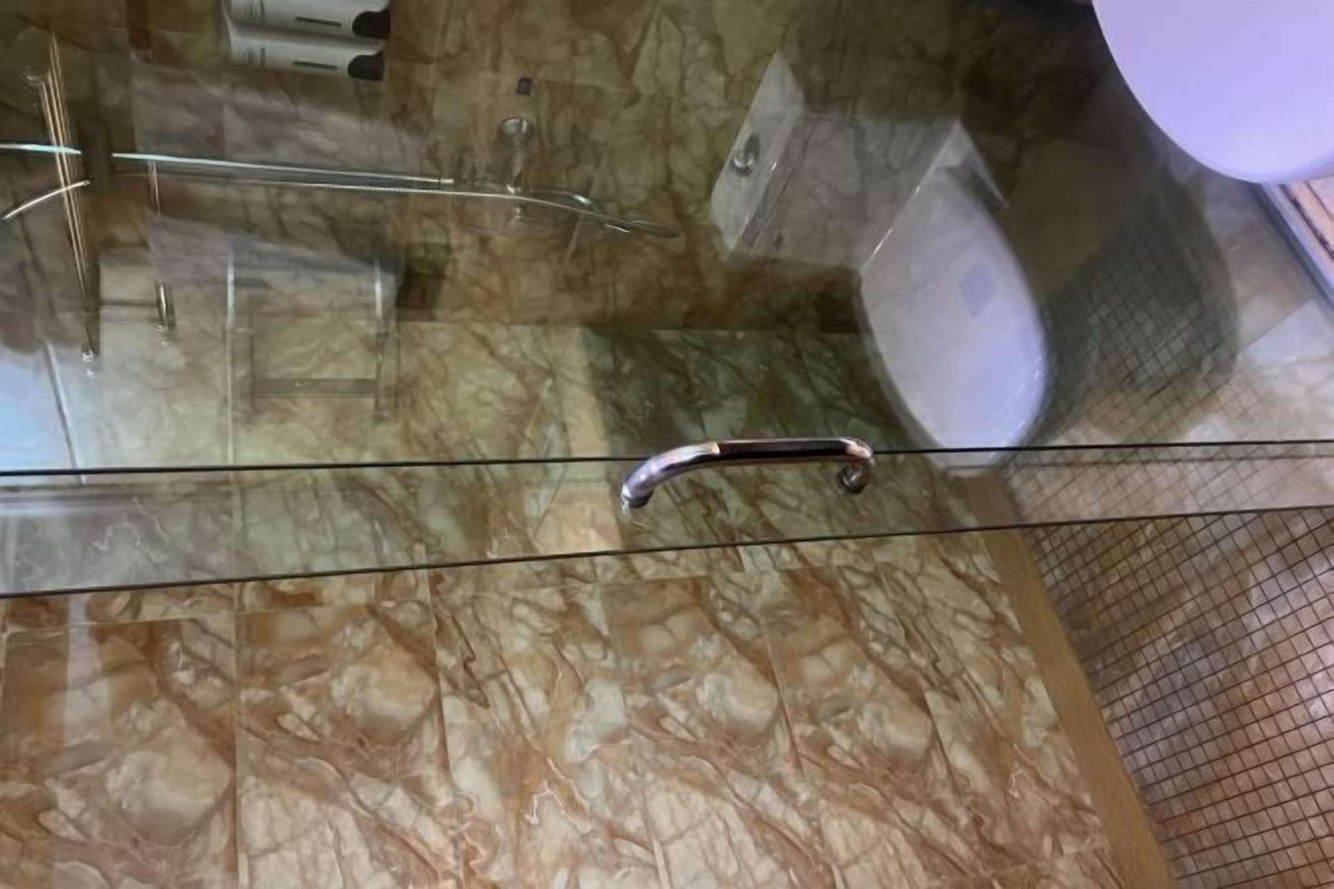 A bathroom with a marble floor, a glass shower enclosure, and a white toilet.