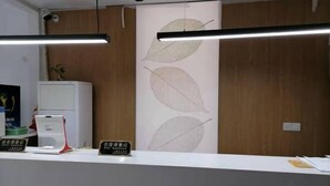 A reception desk with a white counter, a nameplate, and a wall with leaf patterns. - Changee Hotel MINI (Shanghai Jinshan City Beach) (Shanghai)