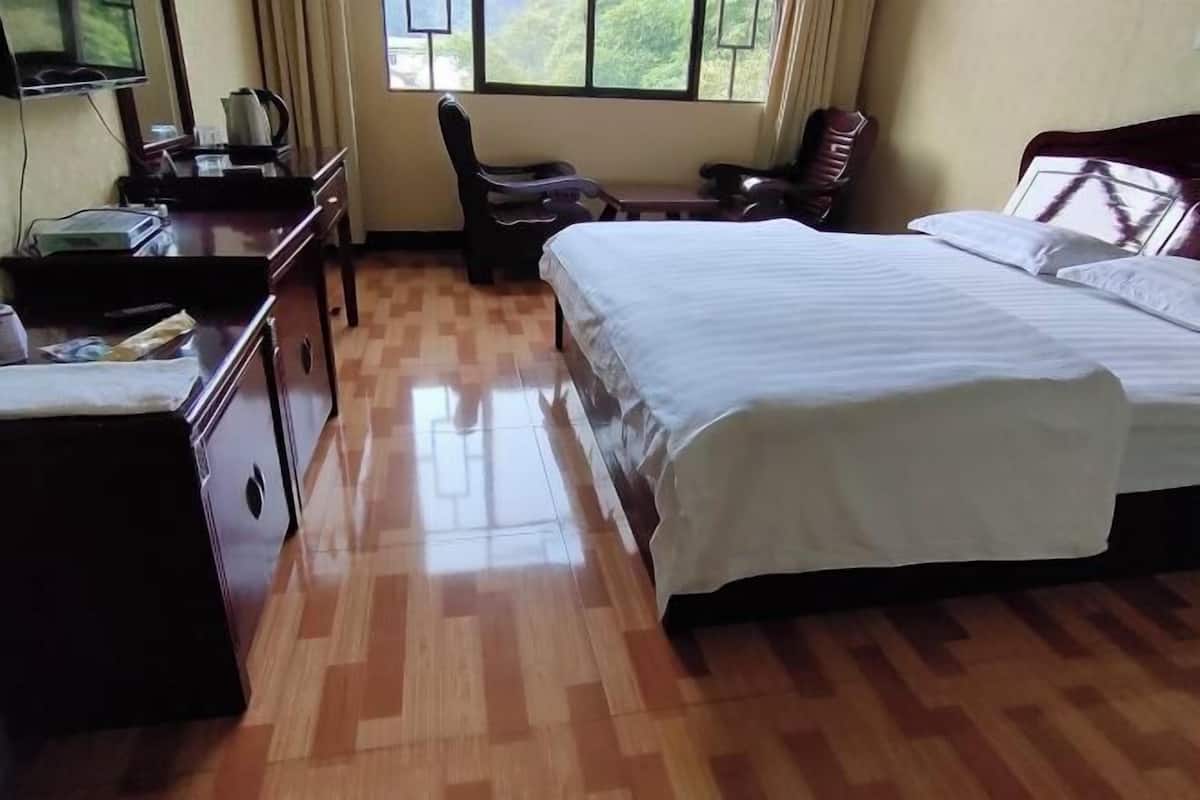 Una habitación de hotel con cama, escritorio, silla y televisión.