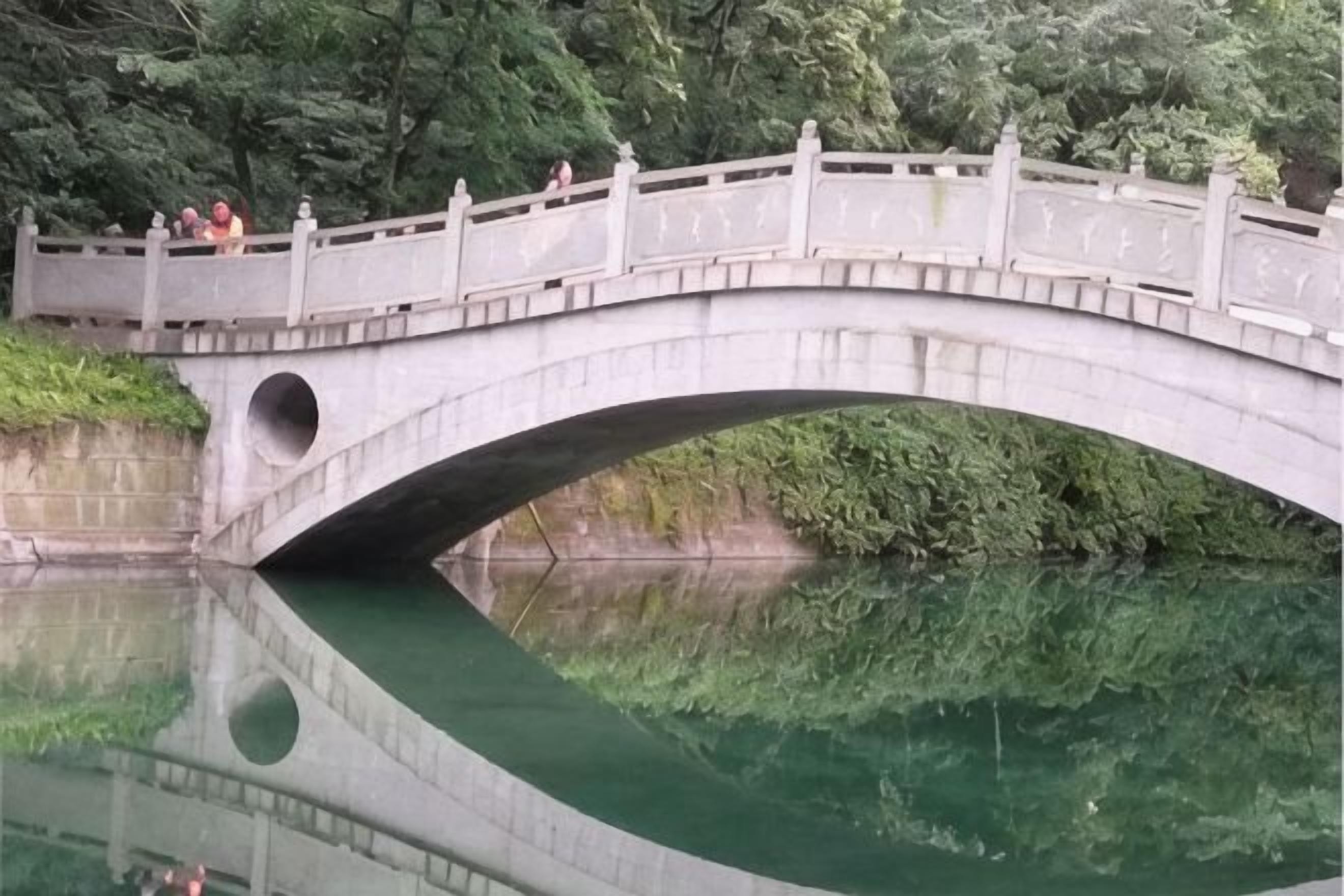 Un puente de piedra sobre el agua, con su reflejo, rodeado de vegetación.