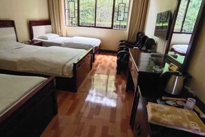 Une chambre d’hôtel avec deux lits, un bureau équipé d’un ordinateur et d’une bouilloire, une télévision et de grandes fenêtres donnant sur un paysage verdoyant.