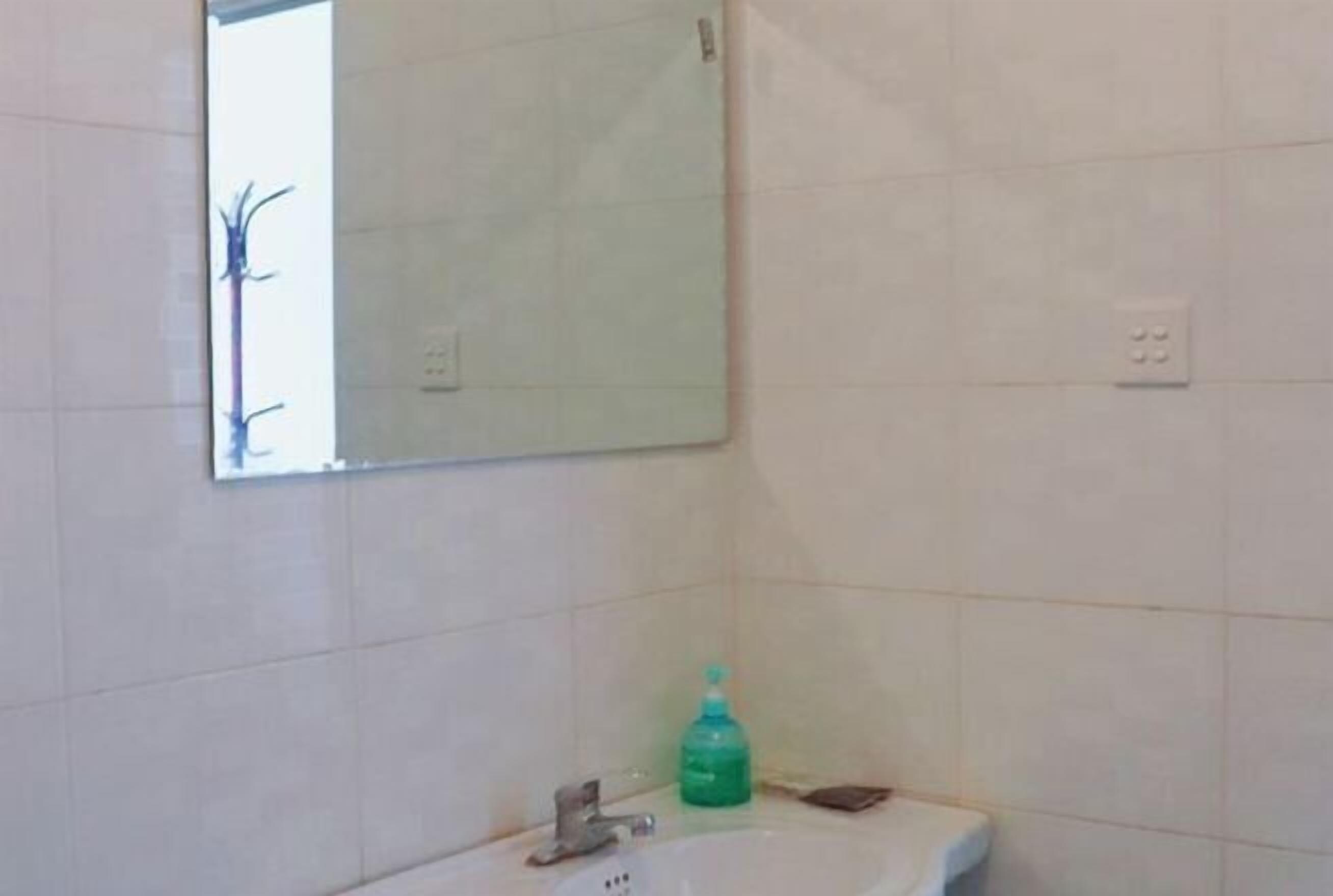 A bathroom with a mirror, sink, and a green soap dispenser.