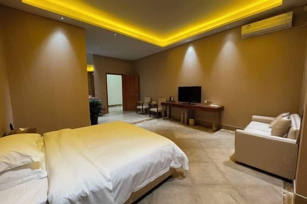 Een hotelkamer met een bed, een bureau, een televisie en een bank.