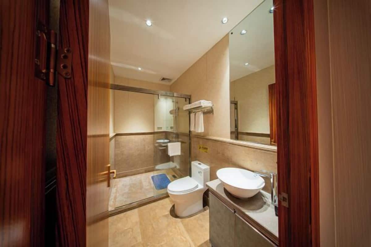 Een moderne badkamer met een douchecabine van glas, een toilet en een wastafel met een ruime wasbak.