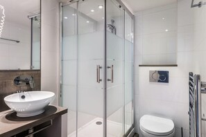 Shower, hair dryer, towels, toilet paper