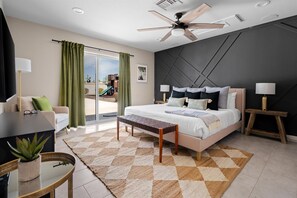 5 chambres, bureau, fer et planche à repasser, lit parapluie