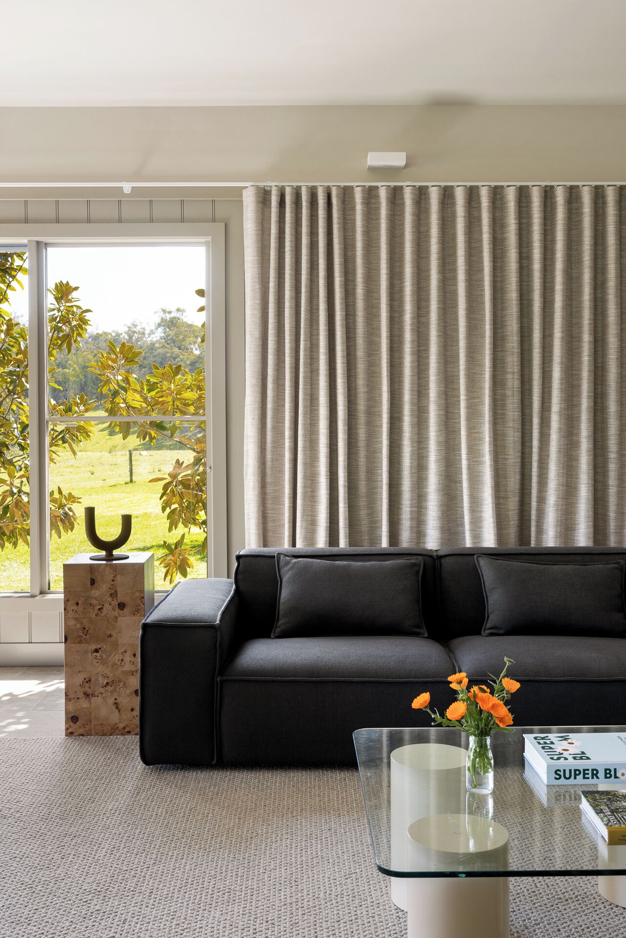 A modern living room with a black sofa, a glass coffee table, and a view of a green landscape through large windows.