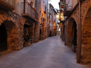 A narrow cobblestone street flanked by stone buildings with balconies and hanging plants.