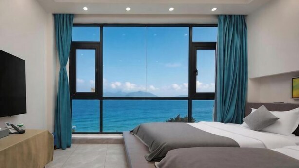A hotel room with a large window, a bed, a TV, and a desk. - West Lafayette seaview Inn (Shenzhen)