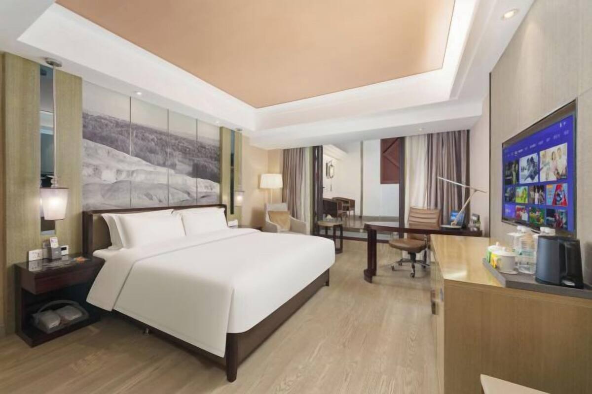 Une chambre d’hôtel avec un grand lit, un bureau, une télévision et une vue sur un paysage enneigé.