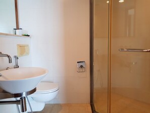 Hair dryer, towels, soap