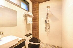 A bathroom with a white sink, black toilet, and a shower with a wooden panel wall. - Long Sunshine (Dali City)