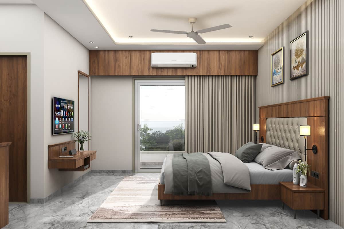 Ein modernes Schlafzimmer mit einem Bett, Nachttischen, einem Deckenventilator und einem großen Fenster.