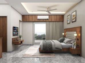 A modern bedroom with a bed, bedside tables, a ceiling fan, and a large window. - Prince Palace And Banquet (Kelapur)