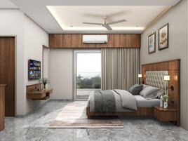 Un dormitorio moderno con cama, mesitas de noche, ventilador de techo y un ventanal grande.