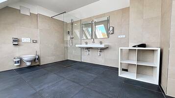A modern bathroom with a glass shower enclosure, a white sink, and a toilet.
