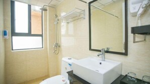 Un baño con un lavamanos blanco, un espejo, un cabezal de ducha manual y una ventana.