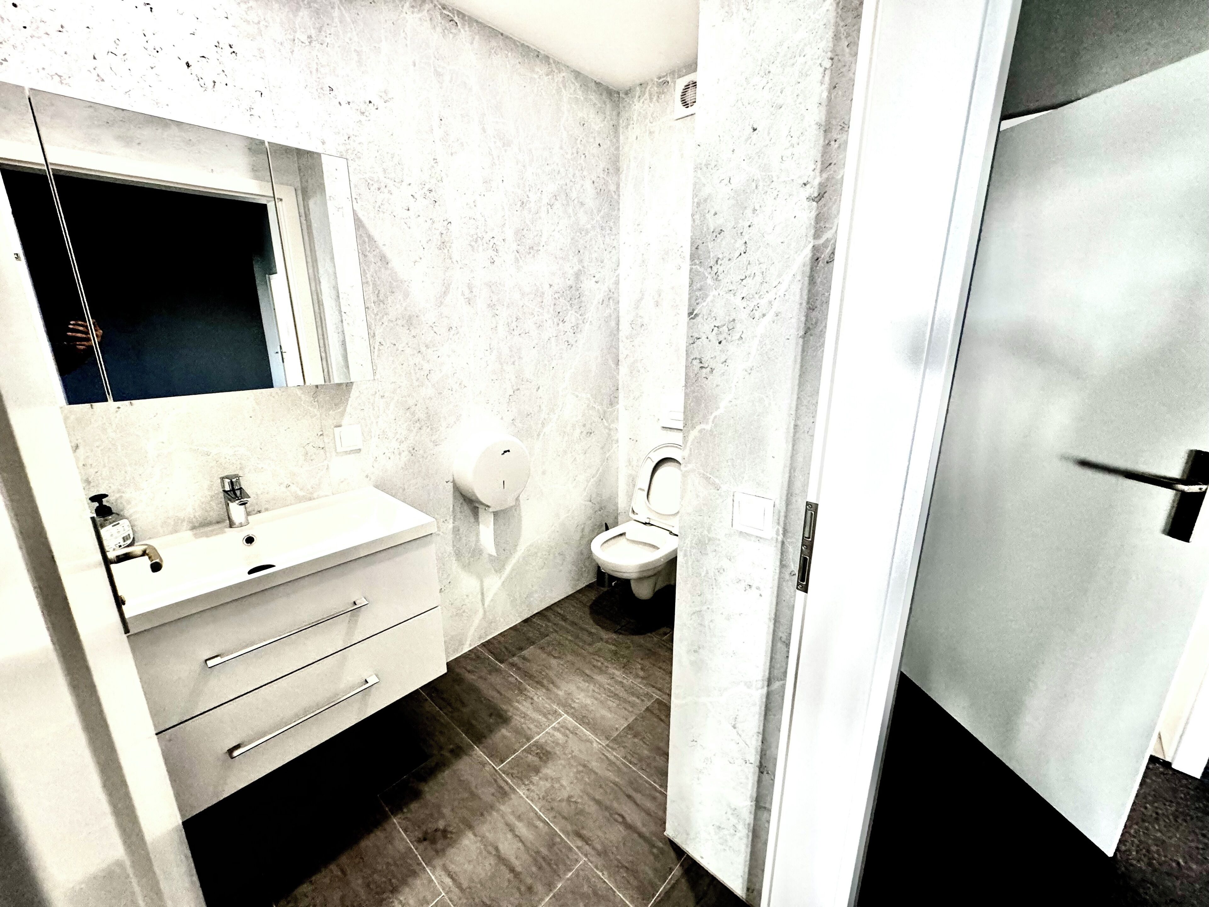 Hair dryer, towels, soap, toilet paper