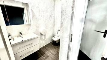 Hair dryer, towels, soap, toilet paper