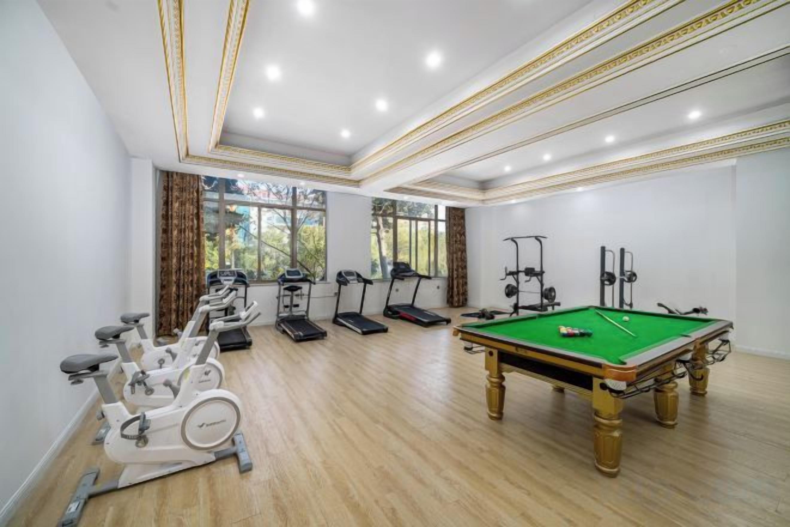 A room with exercise equipment, a pool table, and large windows.