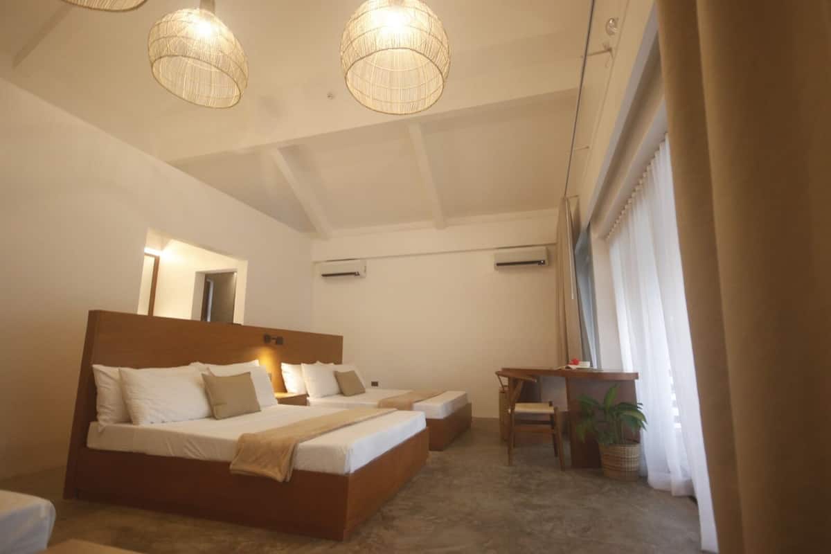 Une chambre à coucher avec un grand lit, des tables de chevet, un bureau et une plante en pot.