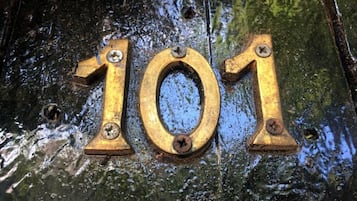 A brass number '101' mounted on a wooden surface with visible screws and water droplets.
