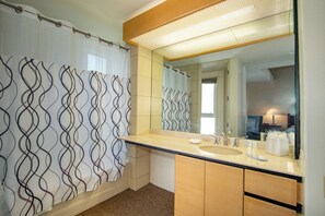 Hair dryer, towels, soap, shampoo