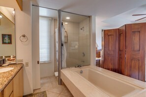 Hair dryer, towels, soap, shampoo