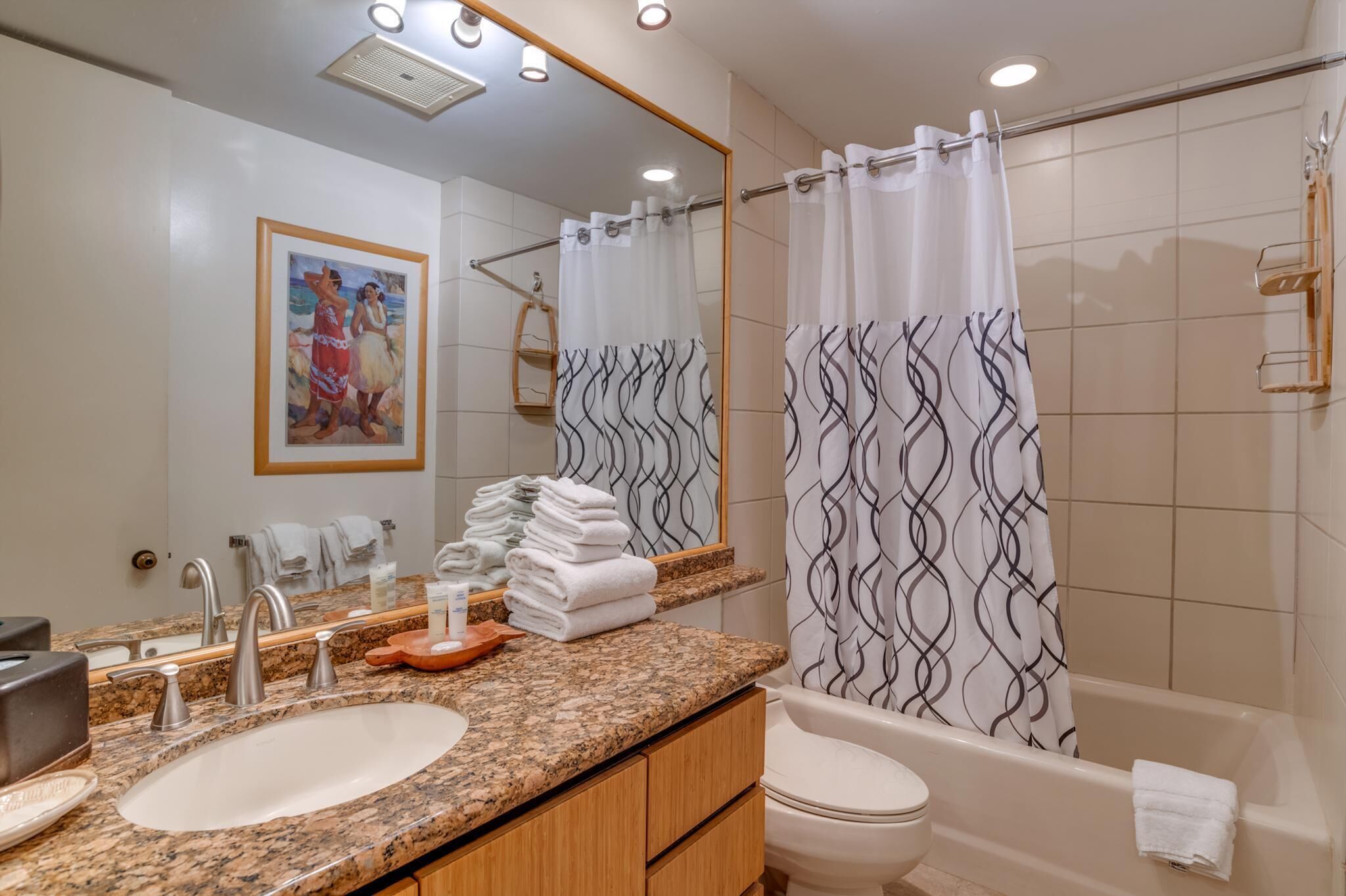 Hair dryer, towels, soap, shampoo