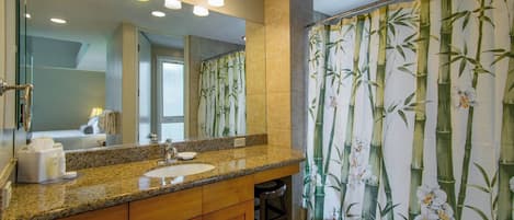 Hair dryer, towels, soap, shampoo