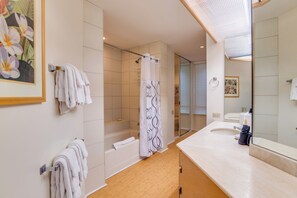 Hair dryer, towels, soap, shampoo