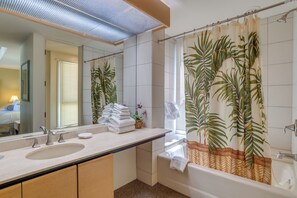 Hair dryer, towels, soap, shampoo
