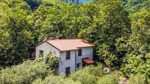 A small, rustic house with a red-tiled roof nestled in a lush, green forested area with mountains in the background. - La casa del Fiume by Interhome (Rialto)