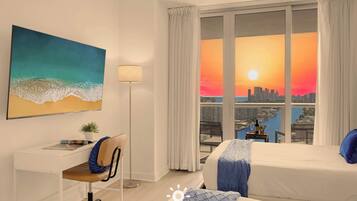 Een bureau, een strijkplank/strijkijzer, reisbedje, wifi